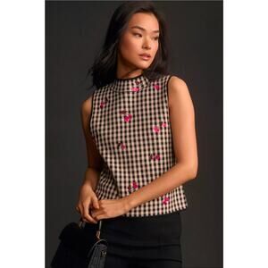 Maeve Sleeveless Mock Neck Plaid & Cherries Sweater Tank. Retails $98